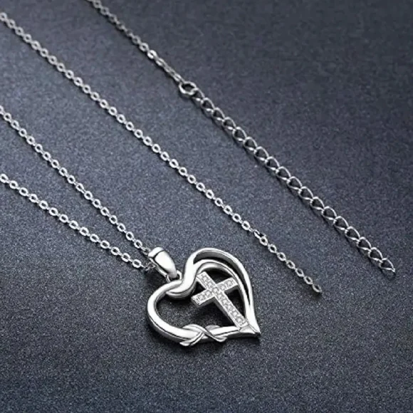 Elegant Silver Heart Necklace with Cross Pendant - Picture 3 of 4